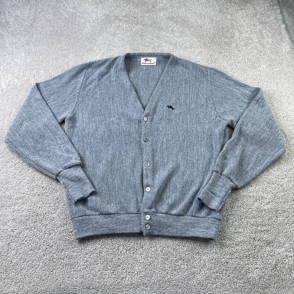 Vintage‎ Steeplechase Cardigan Sweater Mens Large Grey Acrylic Grandpa Academia